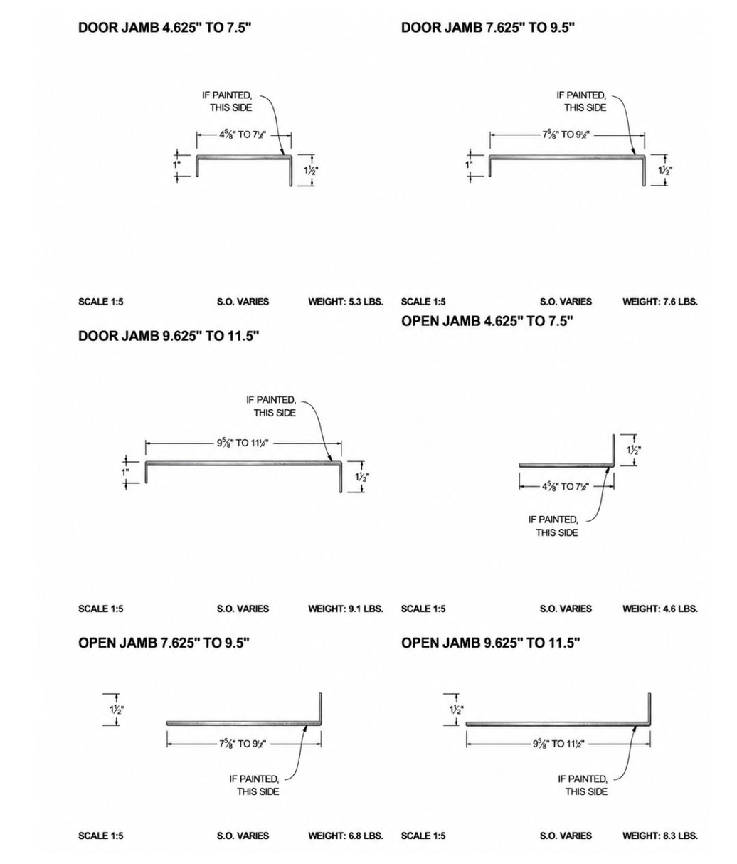 Engineering diagram of multiple door jamb and head section details with dimension lines and measurements