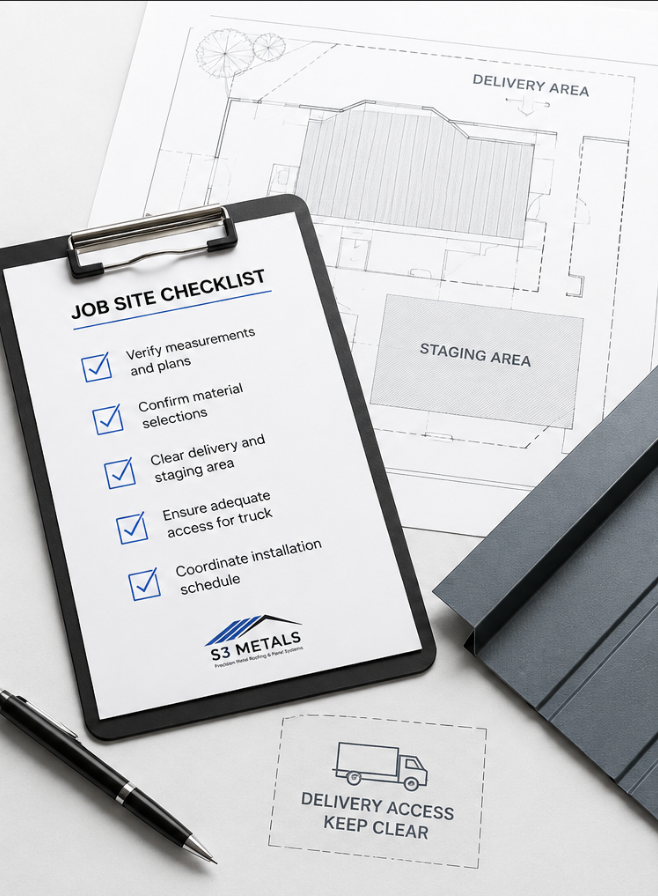 Clipboard with job site checklist on architectural plans and pen on desk.