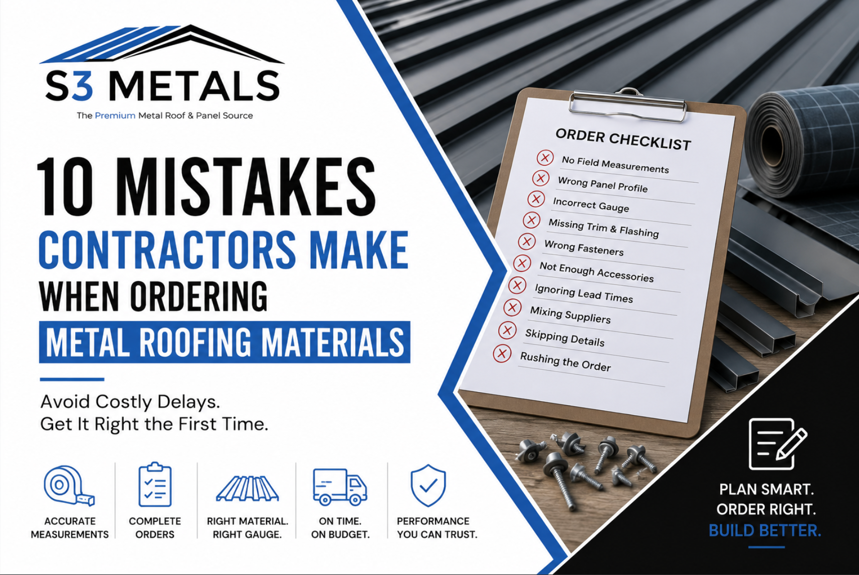 ordering metal roofing mistakes, metal roof order checklist, contractor metal roofing errors