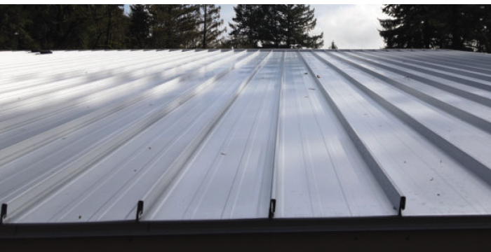 Snow-covered metal roof with ridged panels and trees in the background