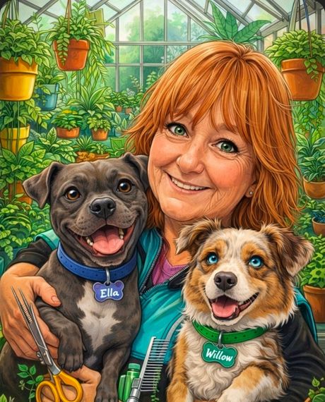 Woman holding two smiling dogs in a greenhouse with hanging plants and bright greenery