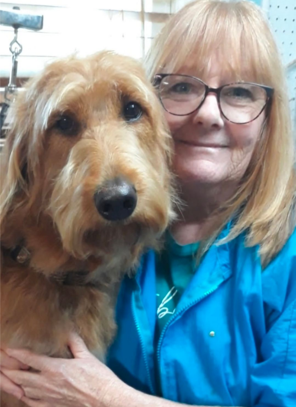 Woman in blue jacket holding a brown dog, both looking at the camera.