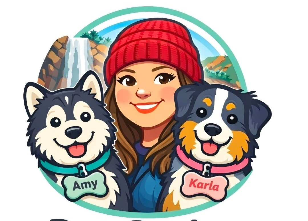 Woman in red beanie smiling between two cartoon dogs, Amy and Karla, with colorful circular background