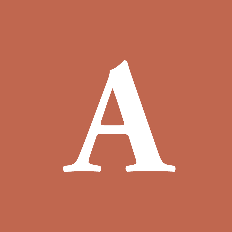 White capital letter “A” on a muted orange background.