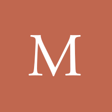White letter “M” on a terracotta square background.