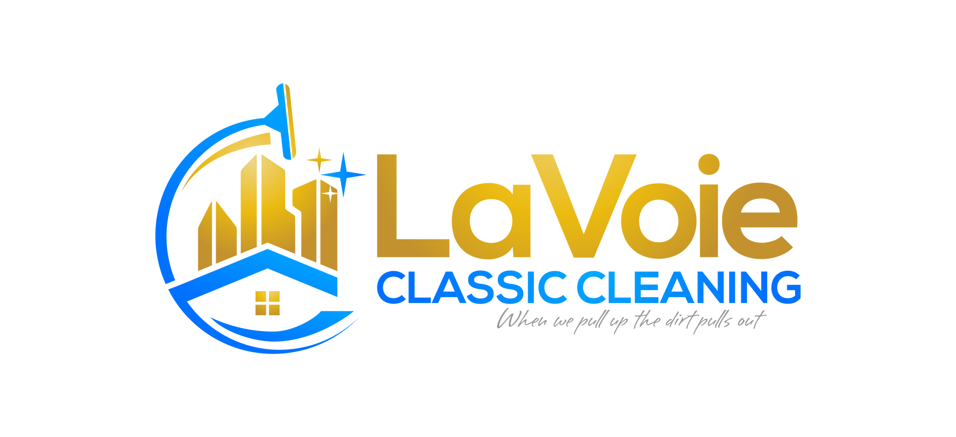 LaVoie Classic Cleaning logo with gold city skyline and blue circular sparkle design