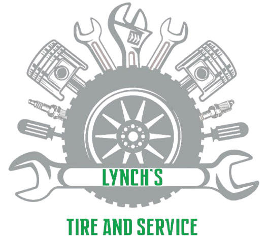 Lynch’s Tire and Service logo with a wheel, wrenches, and pistons in gray and green