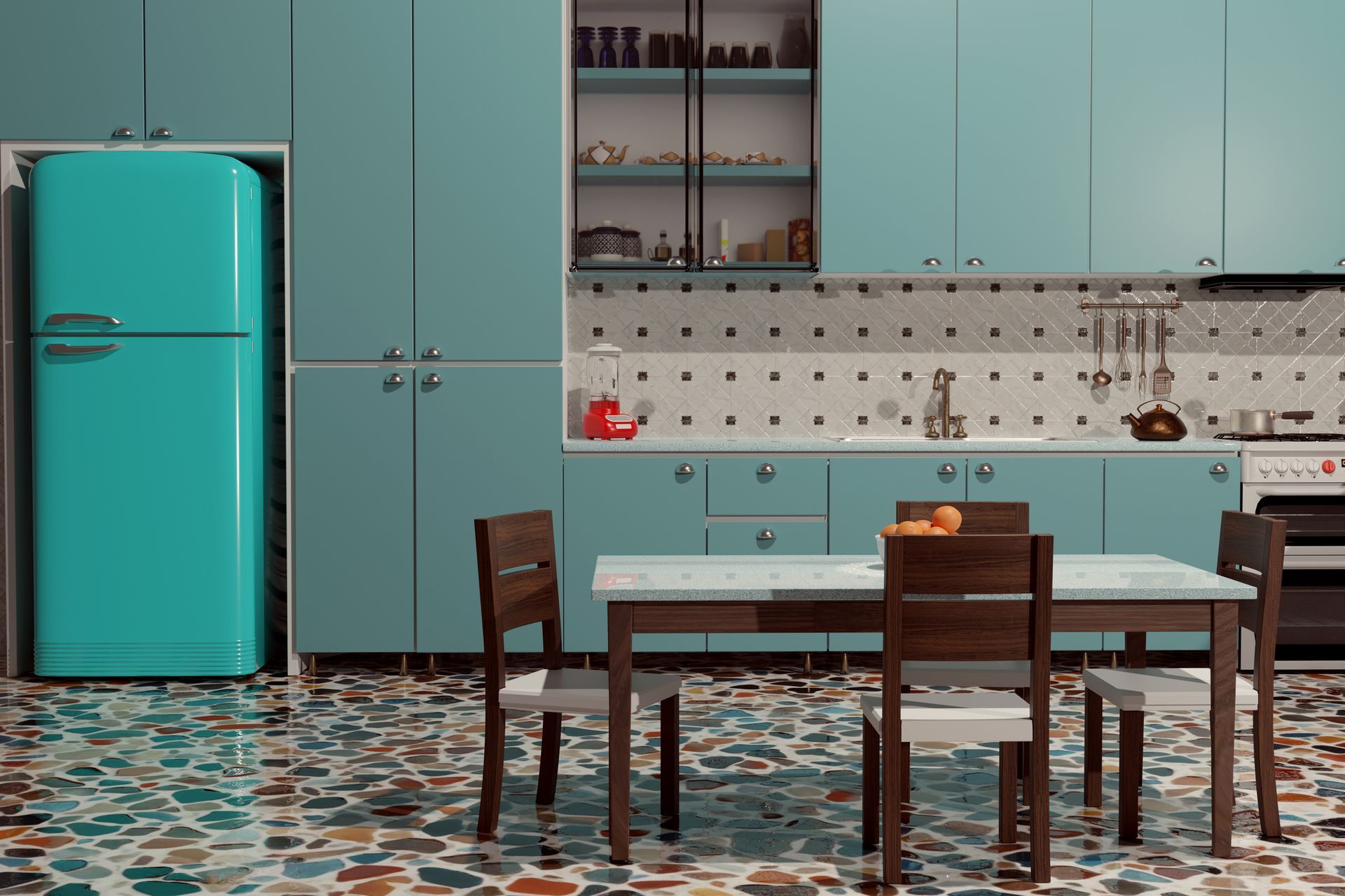 A kitchen with blue cabinets , a blue refrigerator , a table and chairs. A kitchen with blue cabinets , a blue refrigerator , a table and chairs.