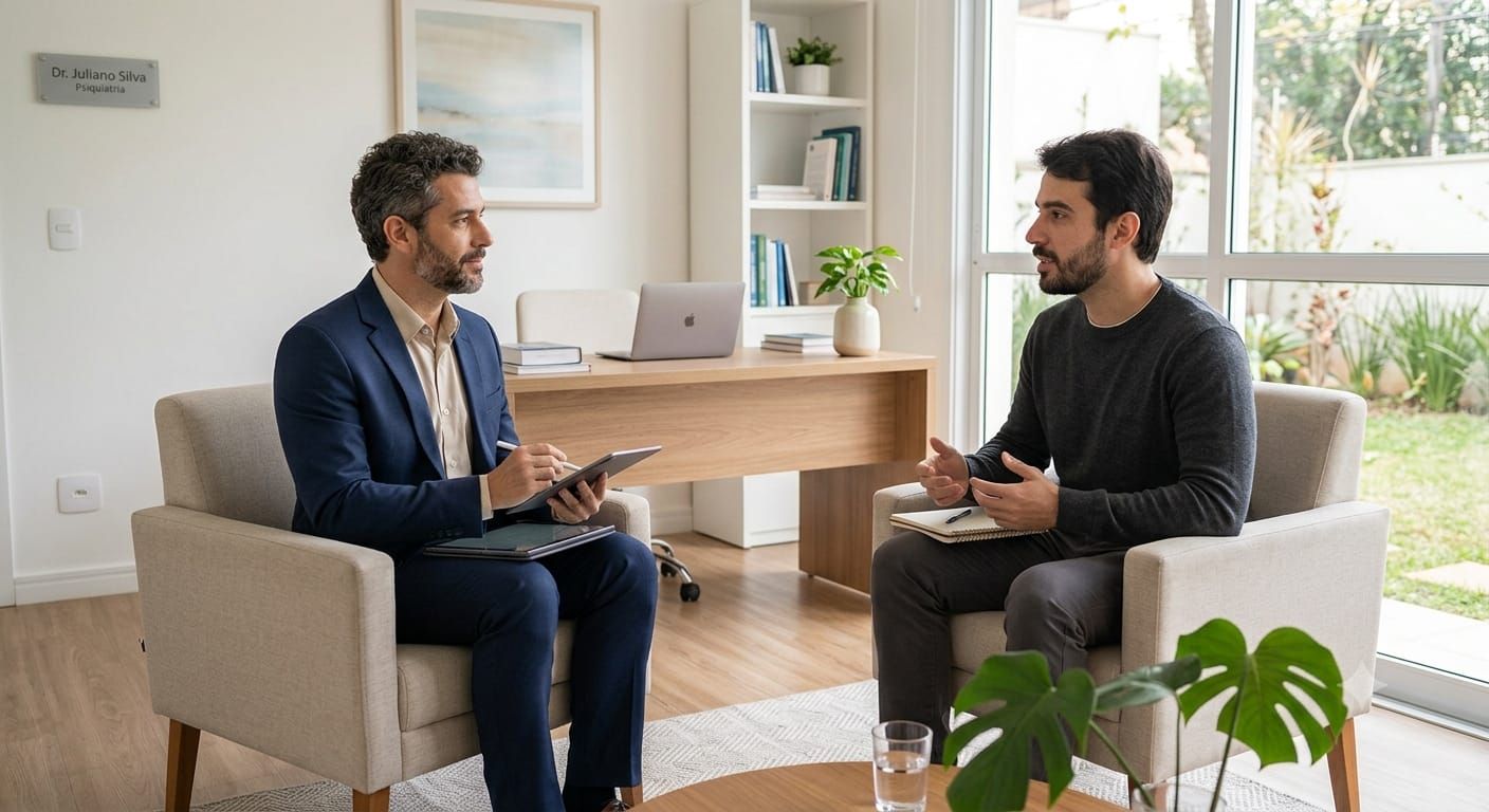Psiquiatra conversando com paciente em consulta.