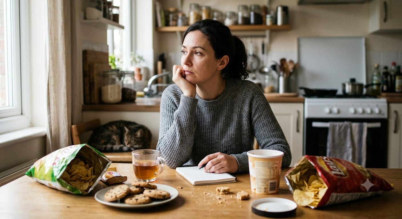 Mulher sentada à mesa da cozinha com lanches e café. Imagem ilustrativa sobre compulsão alimentar