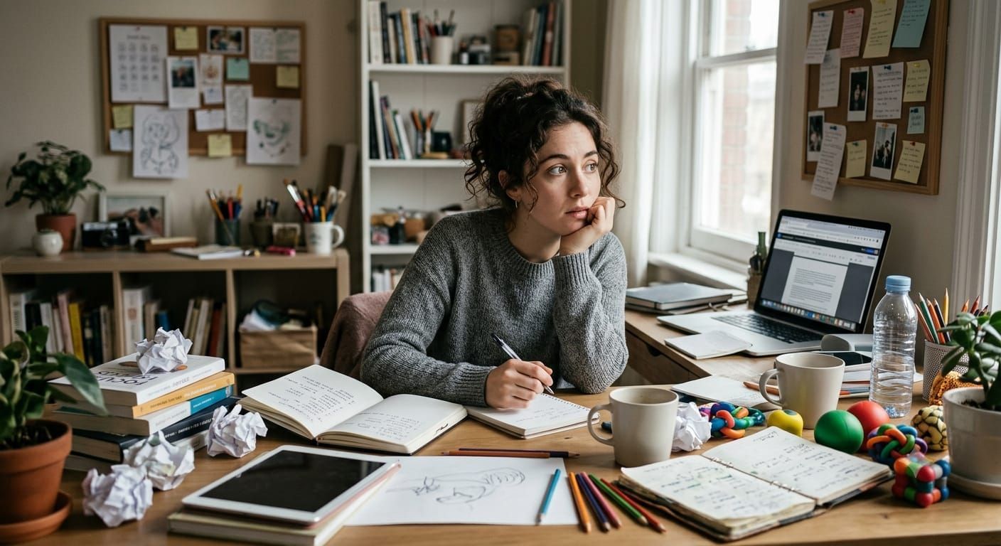 Pessoa trabalhando em uma mesa desarrumada em um escritório. Imagem ilustrativa sobre TDAH em adultos.