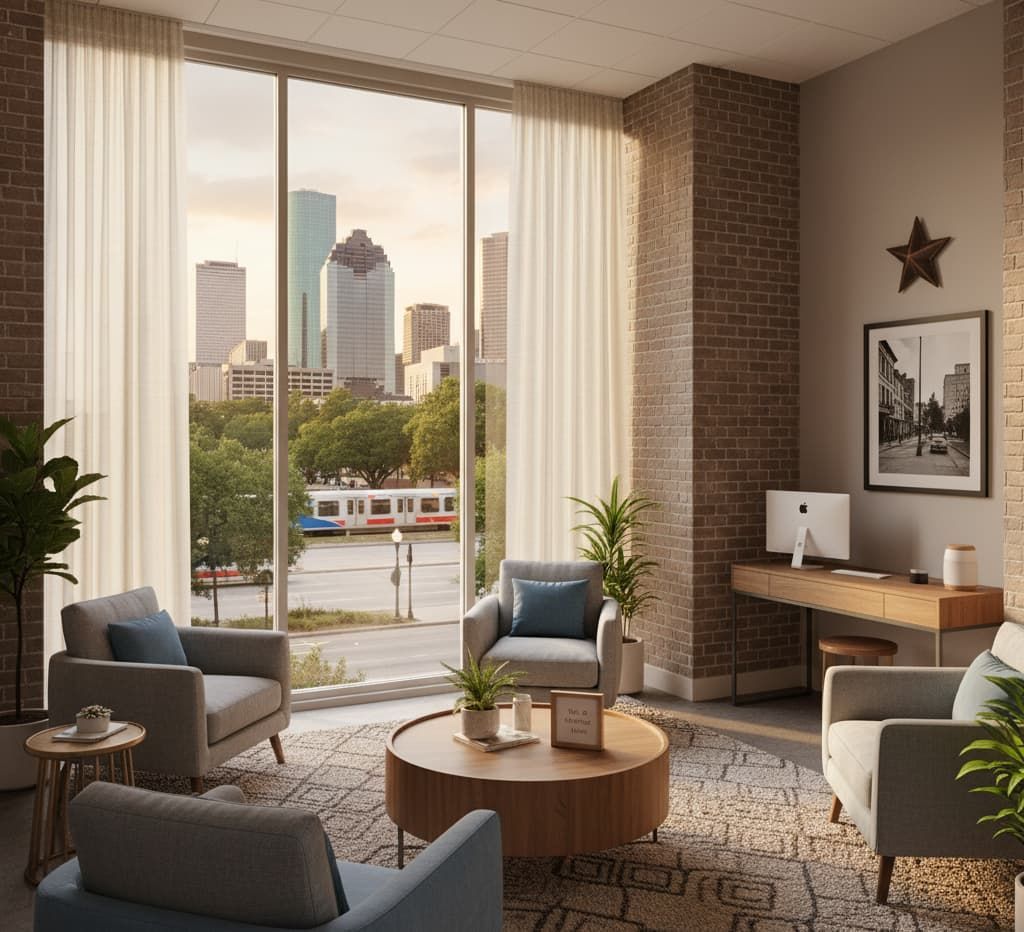 Living room with city view, three gray armchairs, a wooden coffee table, and large windows with cream curtains.