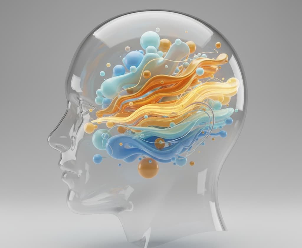 Clear glass head with colorful swirling abstract shapes inside, representing thoughts.