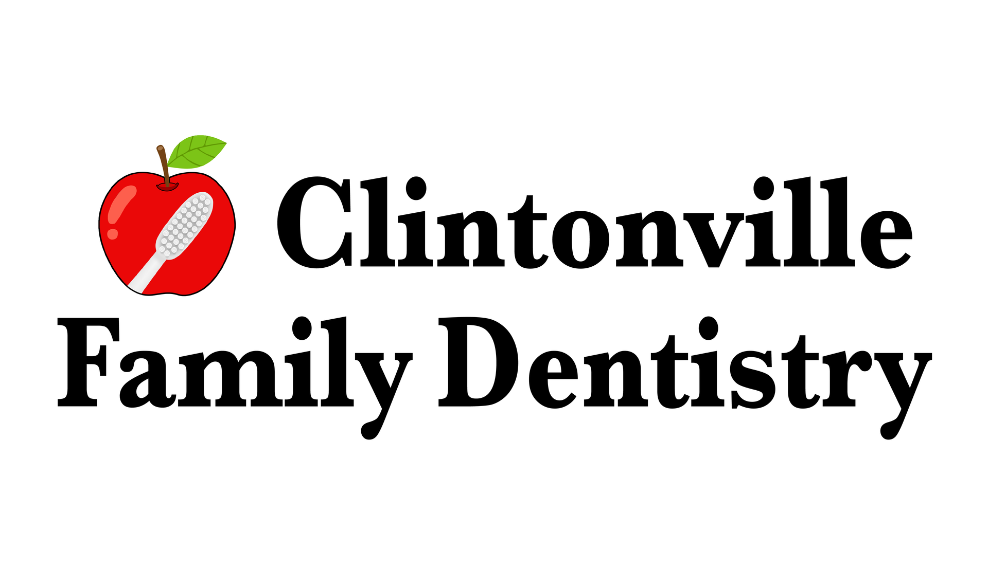A logo for clintonville family dentistry with an apple and toothbrush