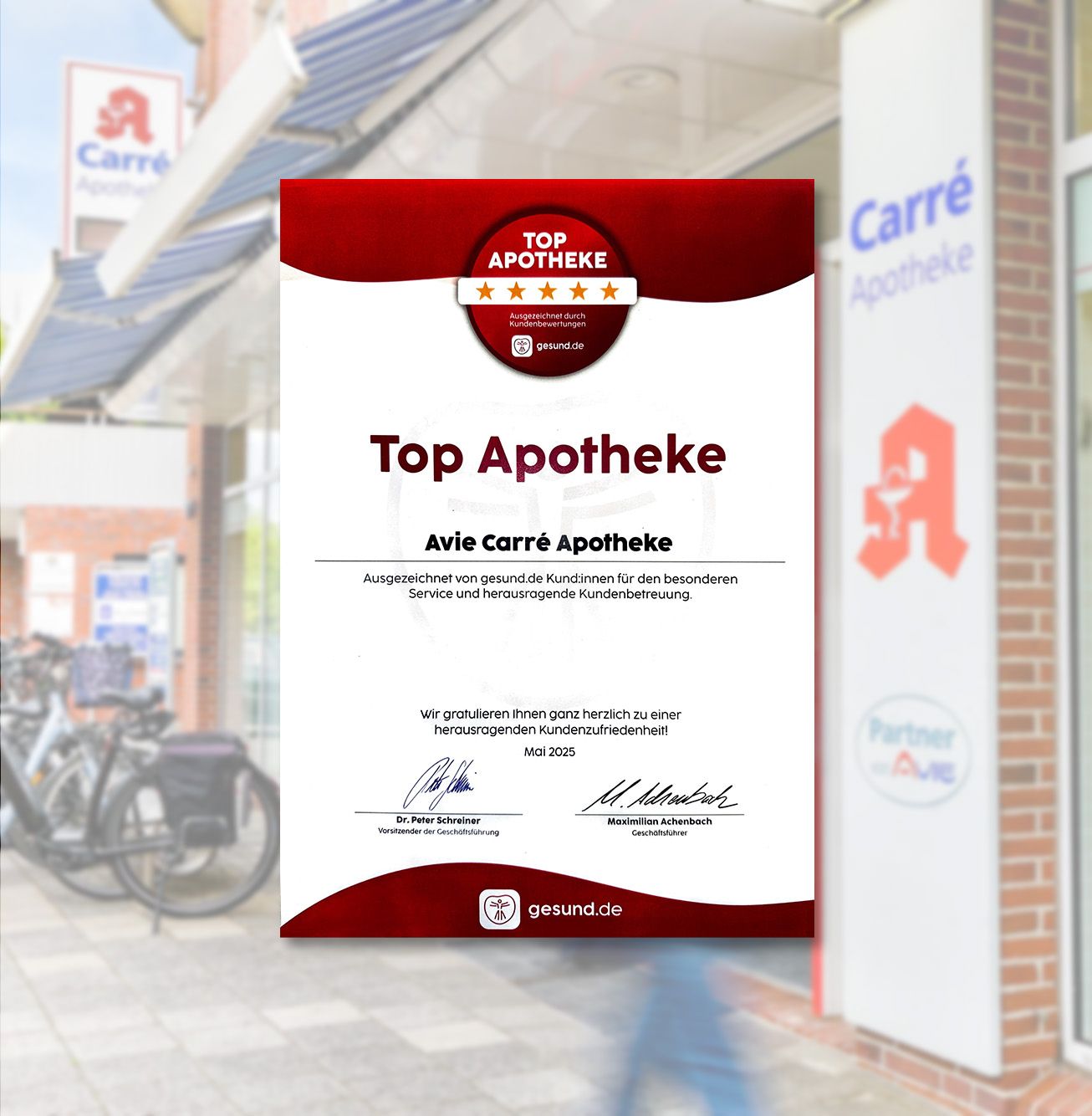 Ein Zertifikat mit der Aufschrift „Top-Apotheke Avie Carré Apotheke“