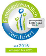 A logo that says familienfreundlich zertifiziert seit 2016 erneuert bis 2025