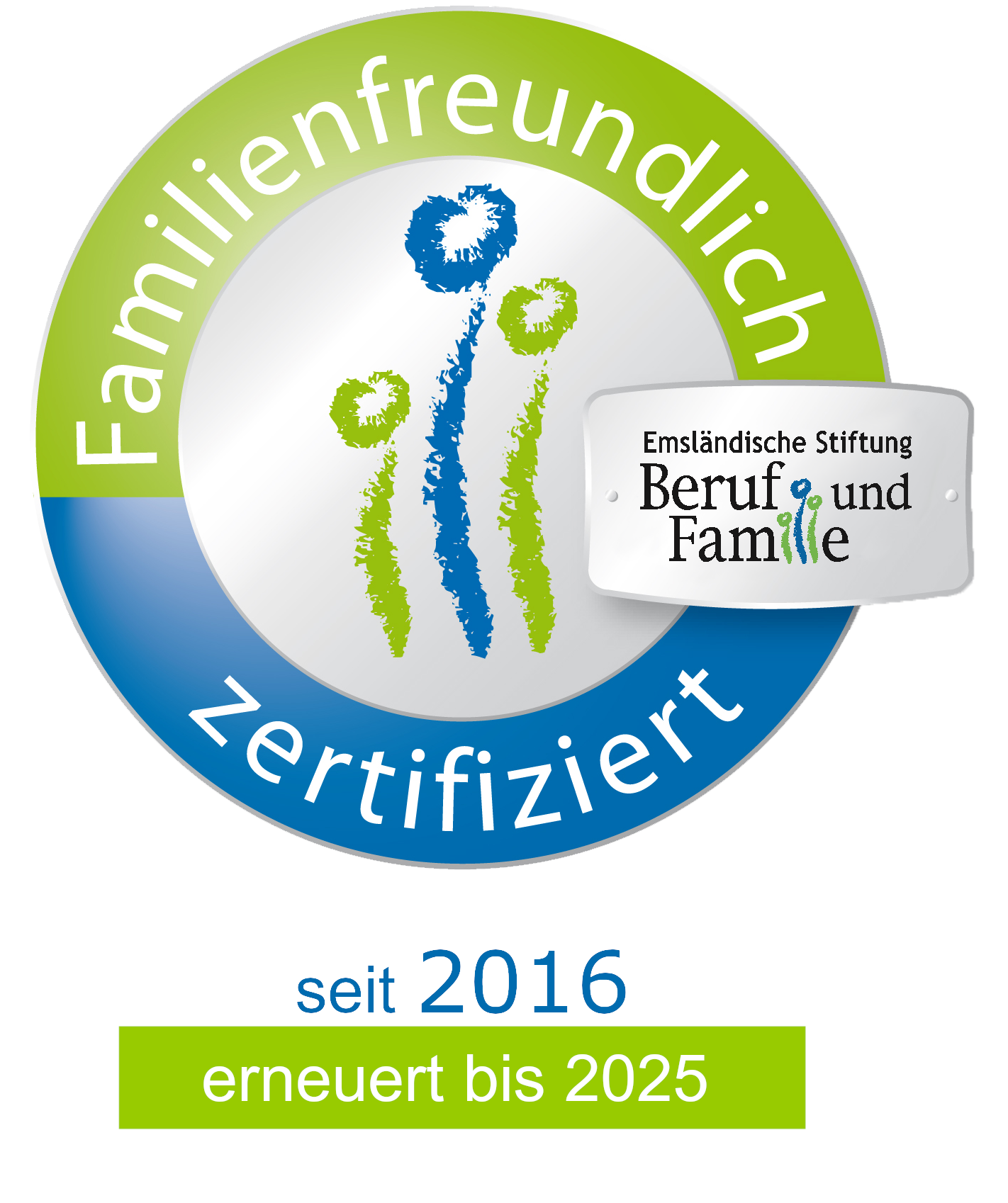 A logo that says familienfreundlich zertifiziert seit 2016 erneuert bis 2025