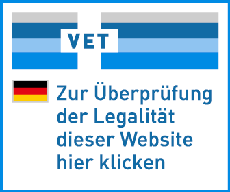 Deutsche Flagge mit Text: „VET. Klicken Sie hier, um die Rechtmäßigkeit dieser Website zu überprüfen.“