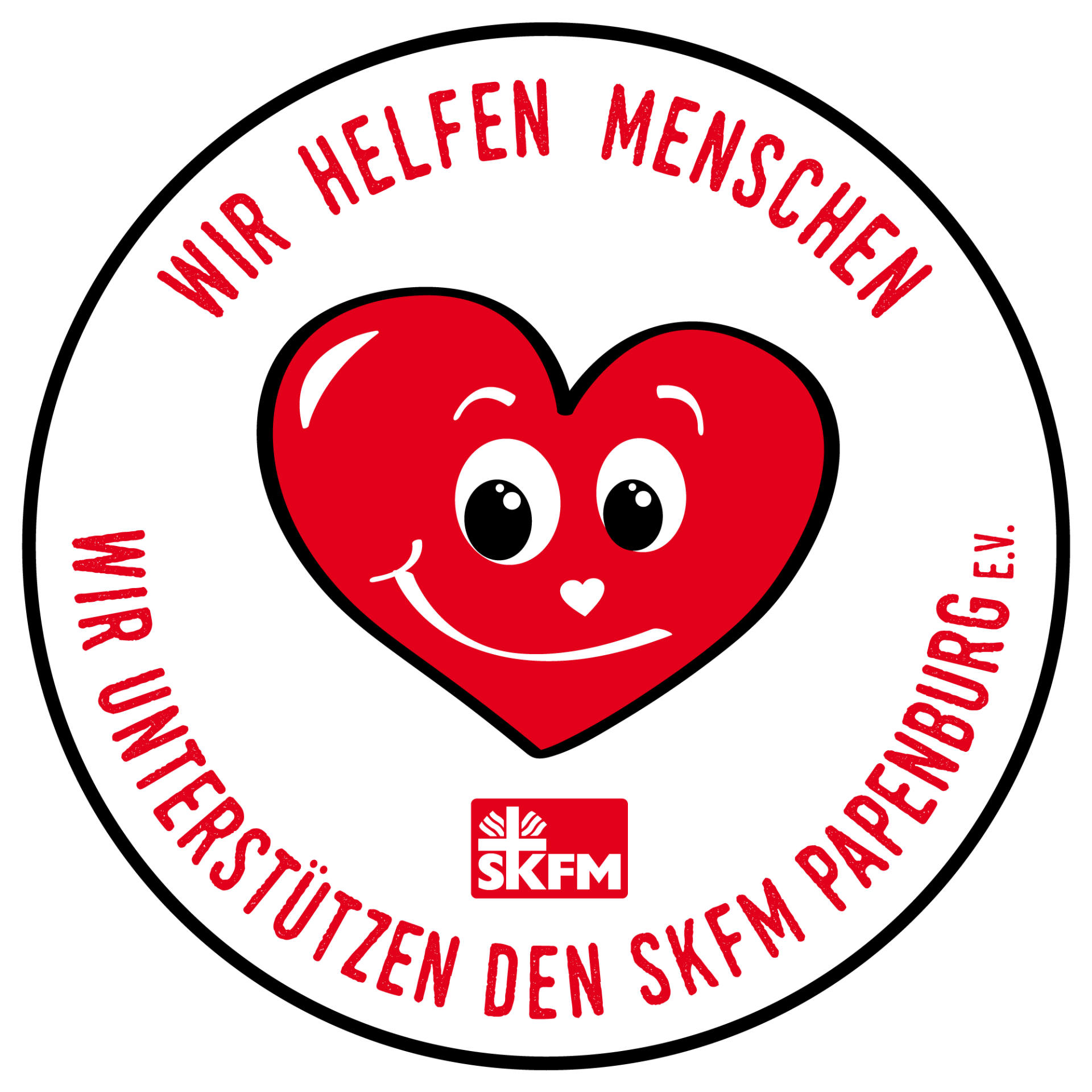 Ein rotes Herz mit einem lächelnden Gesicht und den Worten „Wir helfen Menschen“