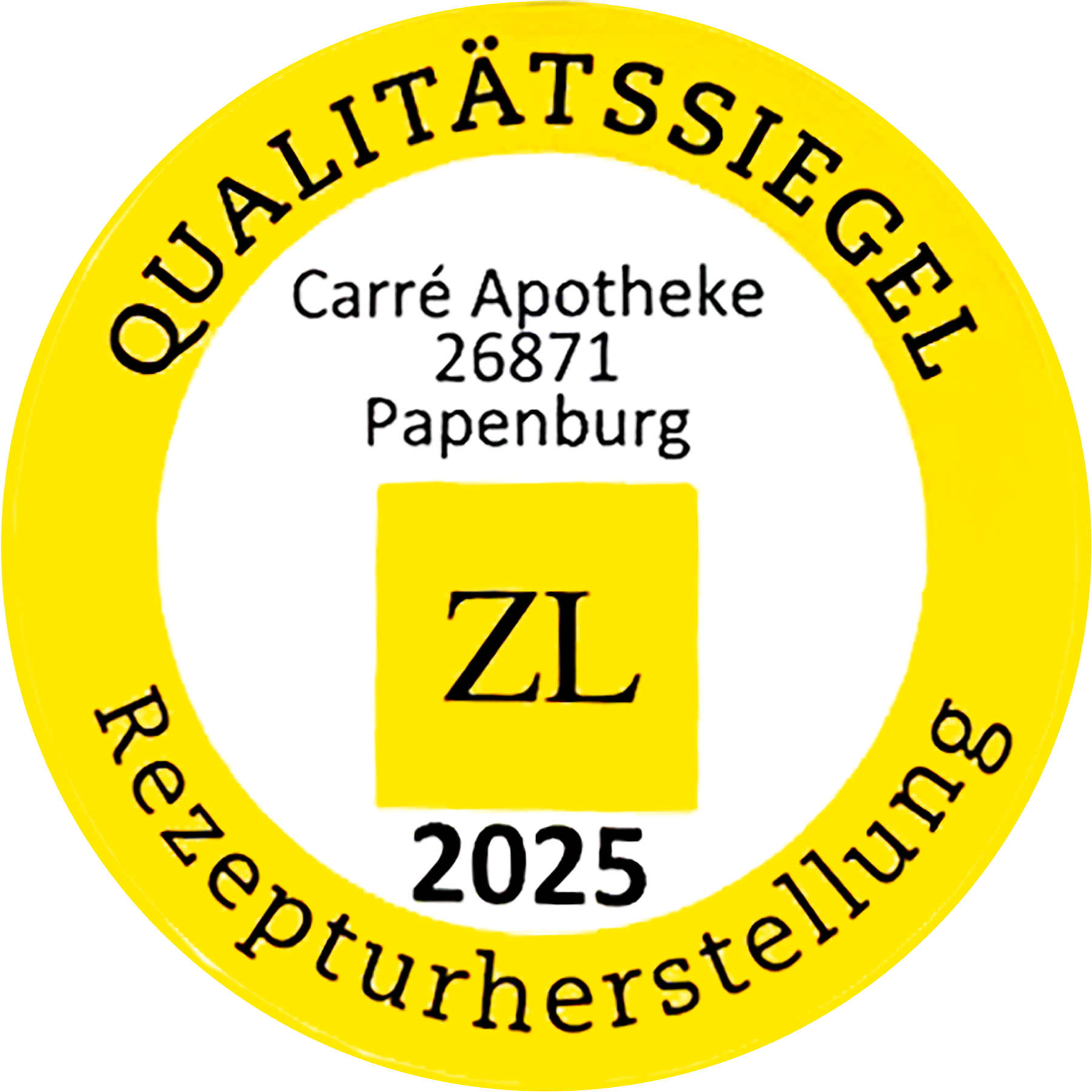 Ein gelber Kreis mit der Aufschrift „Qualitätssiegel Rezepturherstellung 2025“