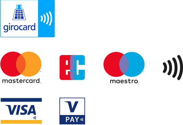 Eine Sammlung von Kreditkarten-Logos, darunter Mastercard, Maestro, Visa und American Express