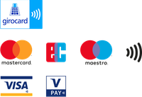 Eine Sammlung von Kreditkarten-Logos, darunter Mastercard, Maestro, Visa und American Express