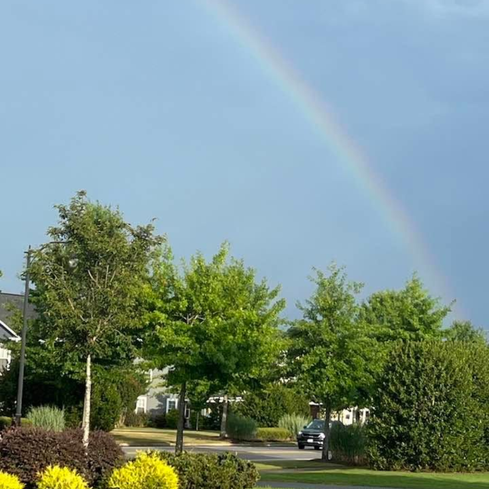 Rainbow over a suburban street with trees, houses, and a parked car under a cloudy sky