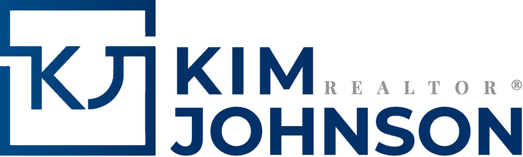 KIM Johnson Realtor logo in blue and white with stylized house icon
