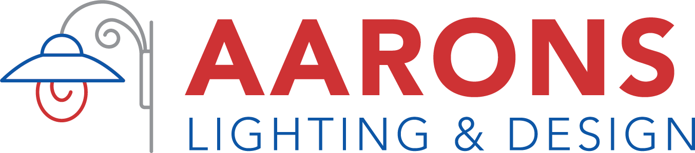 The logo for aarons lighting and design is red and blue