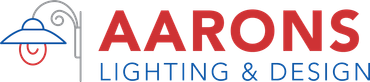 The logo for aarons lighting and design is red and blue
