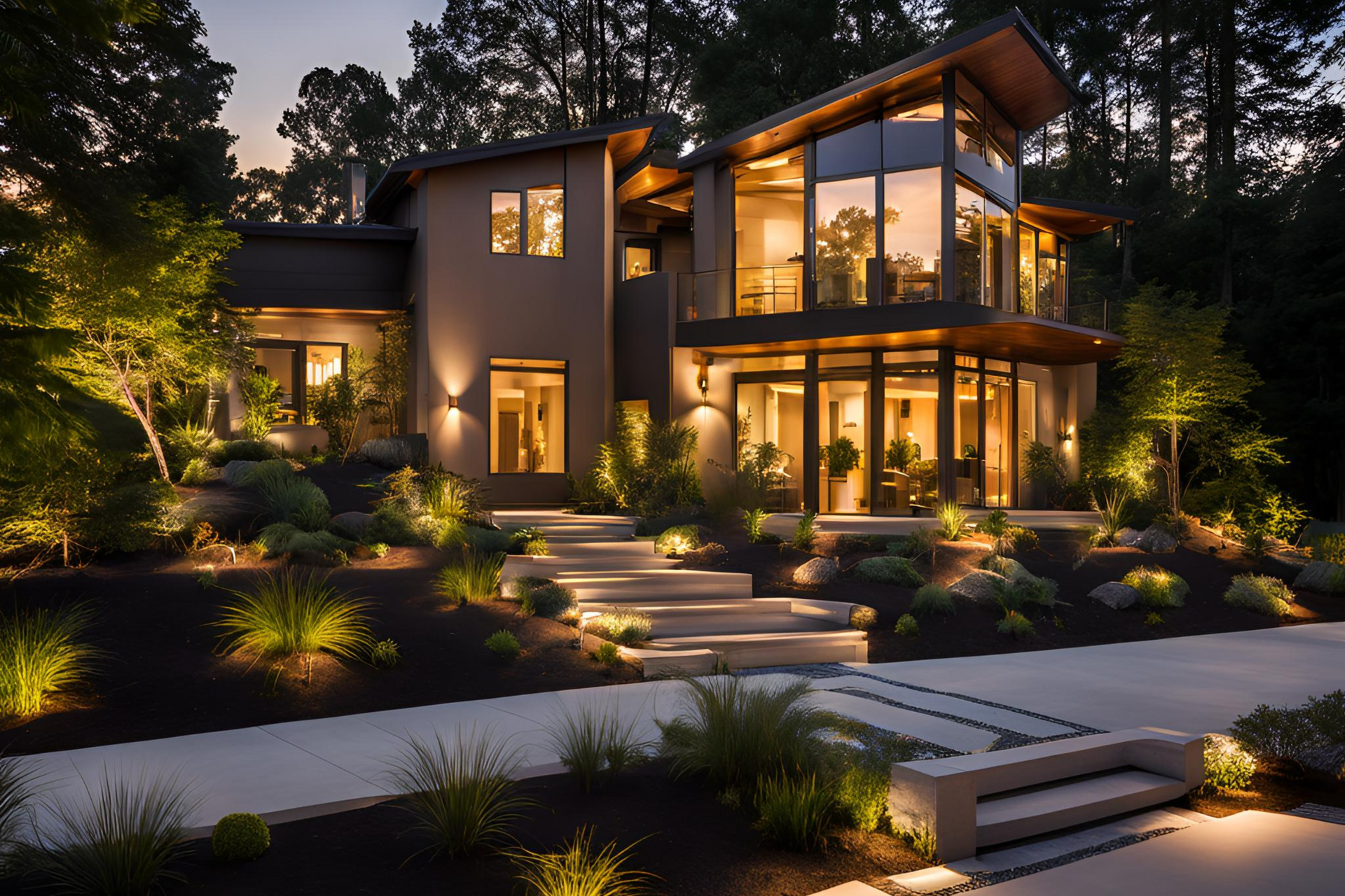 A large house with lots of windows is lit up at night