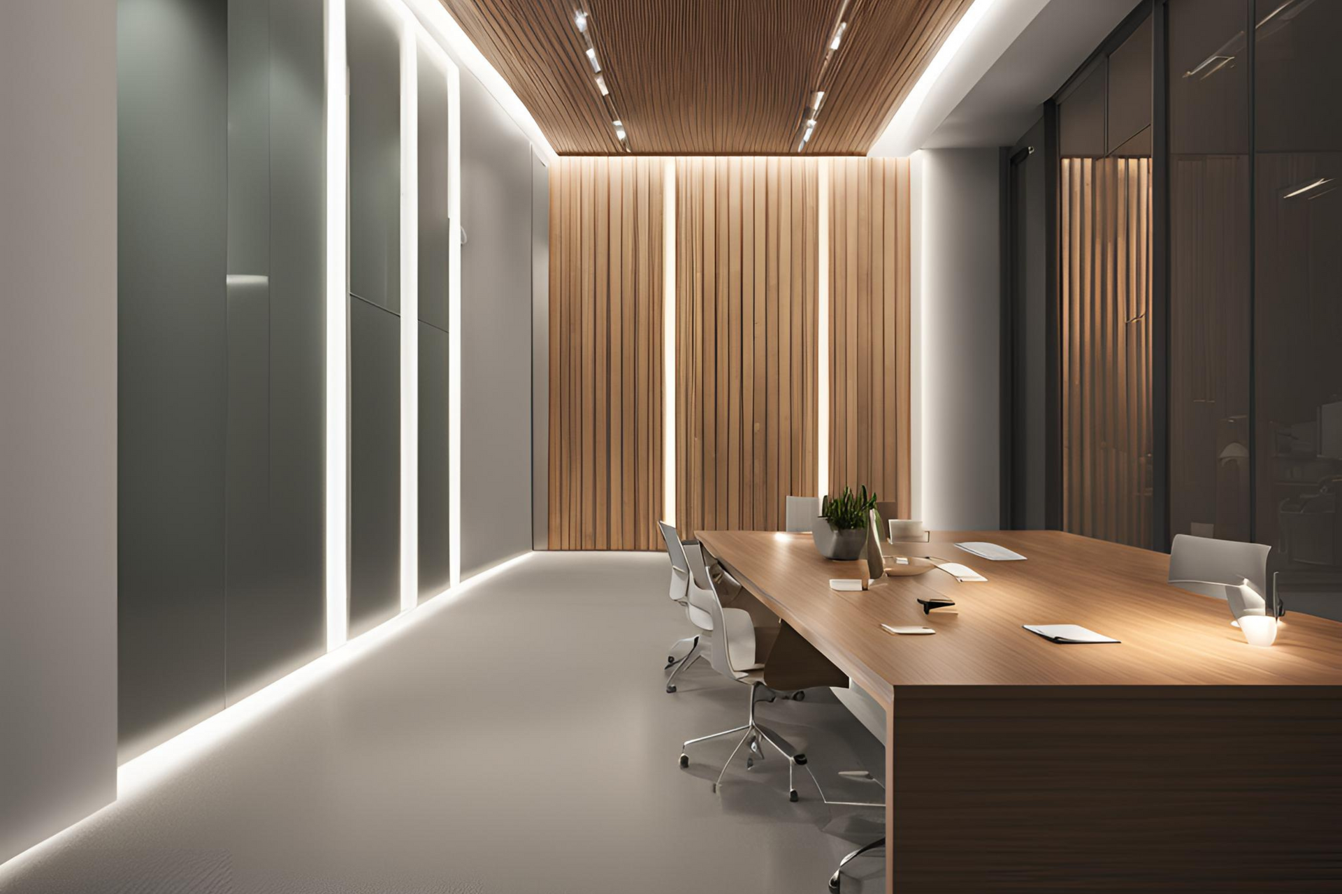 A conference room with a long wooden table and chairs with trendy lighting.
