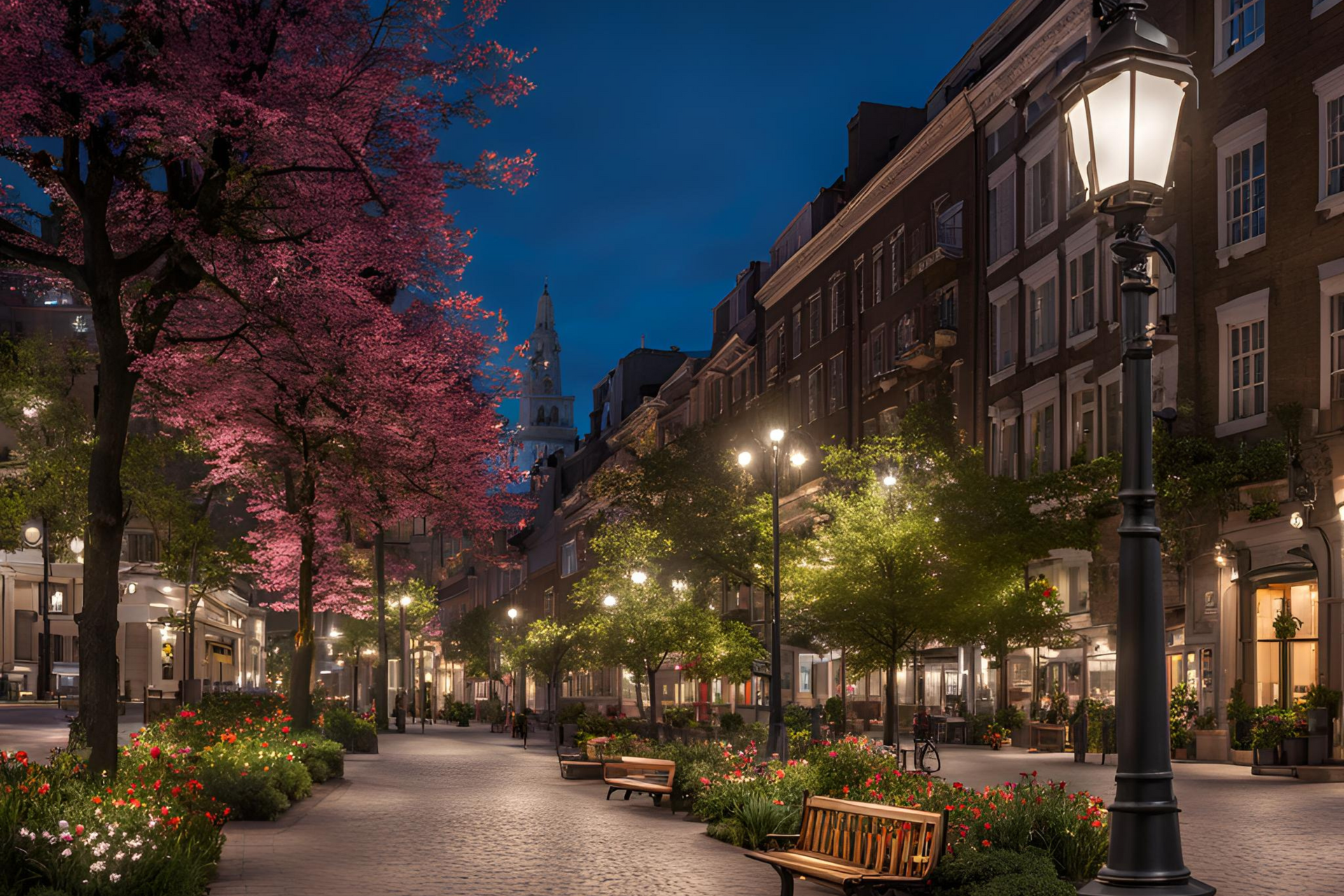 A city street at night with trees and benches and a lamp post.