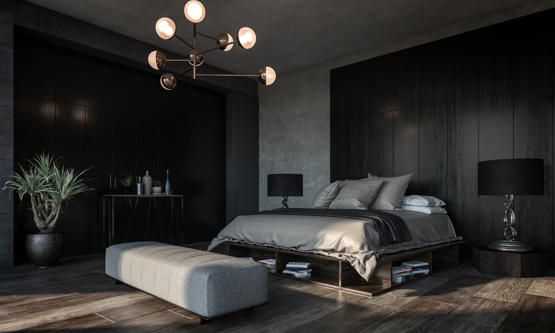A bedroom with a bed , ottoman , lamps and a chandelier.