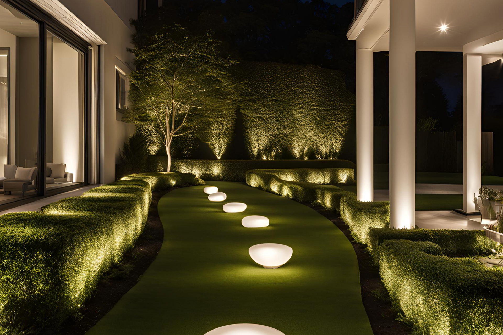 A row of lights on the ground in a garden at night