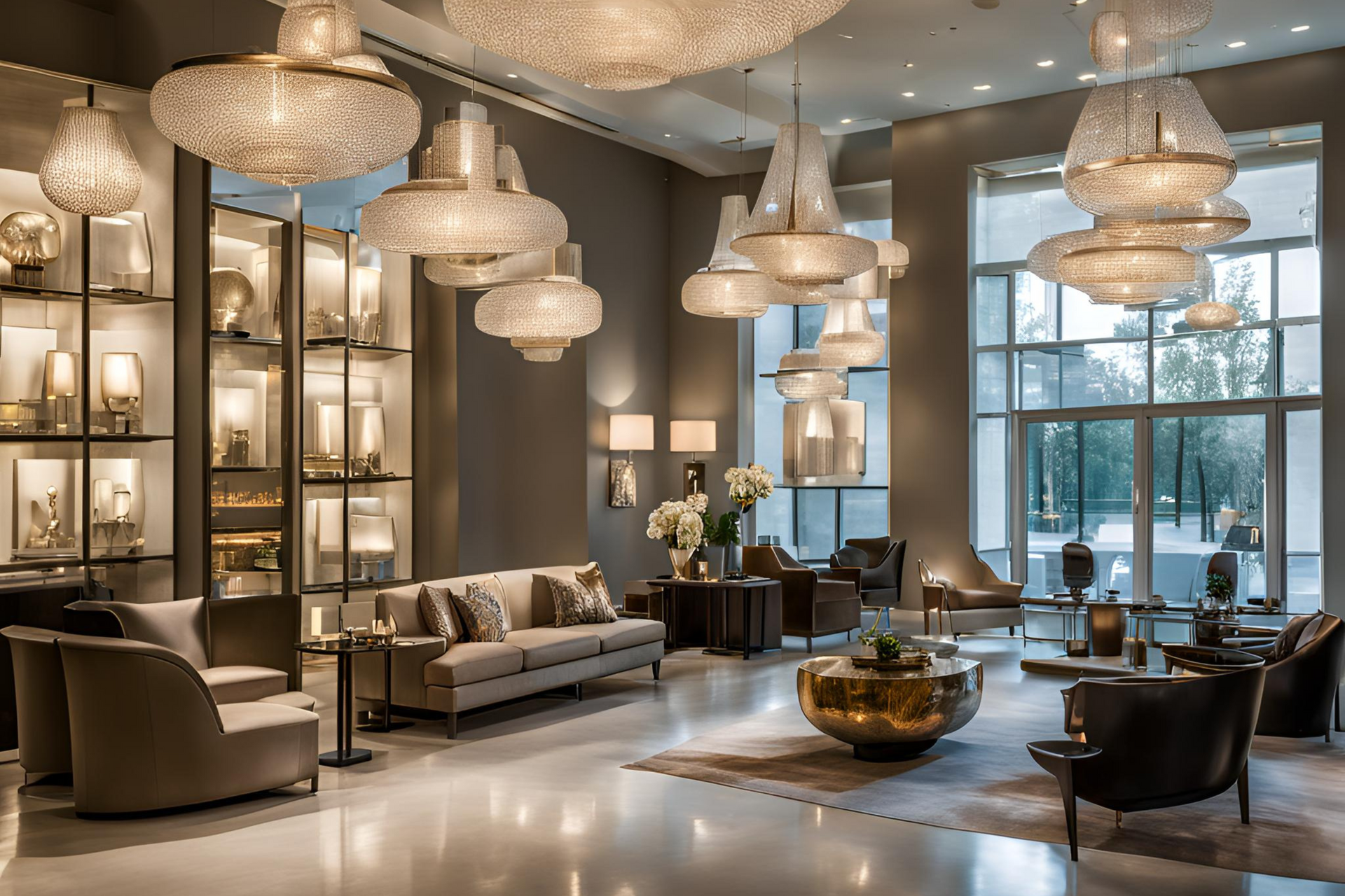 A large living room with a lot of furniture and chandeliers hanging from the ceiling.