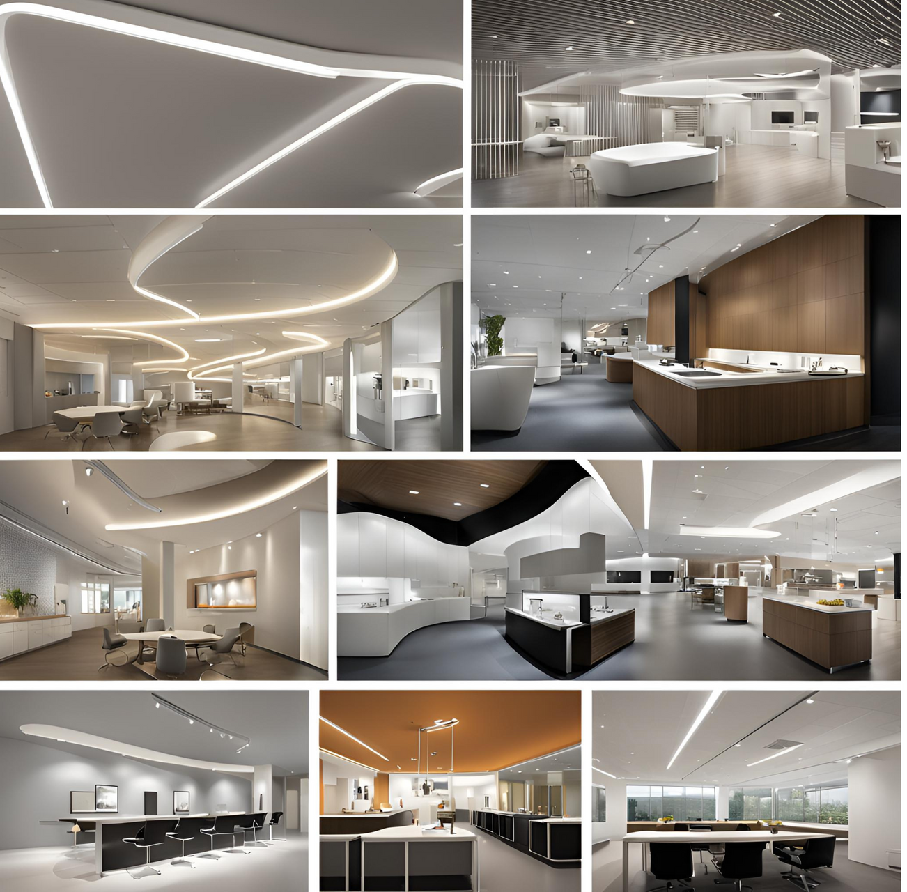 A collage of pictures of different types office spaces with custom lighting.