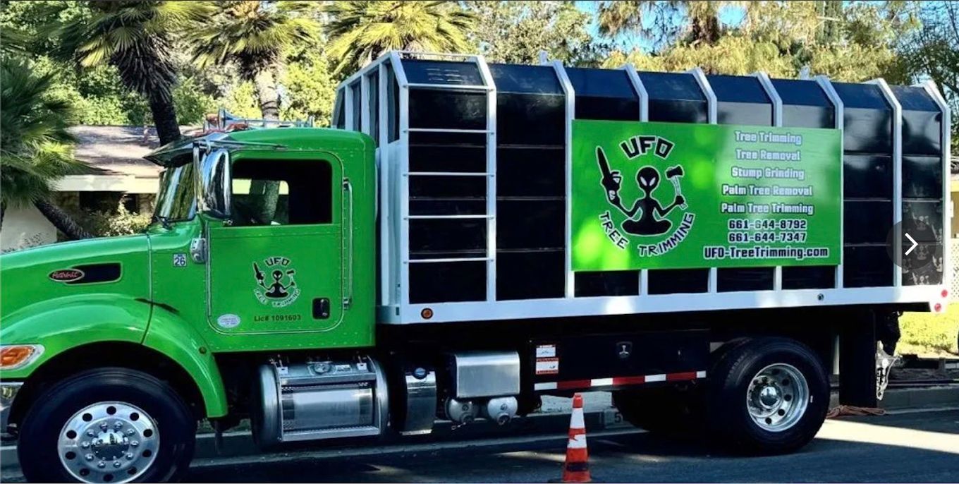 Green and black cargo truck with a logo parked outdoors in a sunny lot.