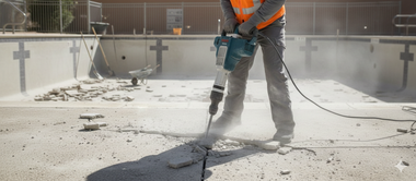 A construction worker using a jackhammer to break up concrete in an empty pool.