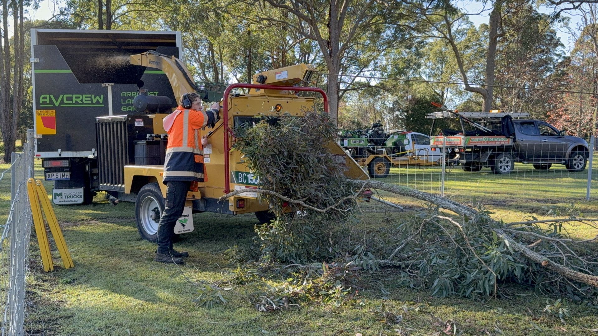 Tree being crushed and cut into machinery — Alex's Vegetation in Port Macquarie, NSW