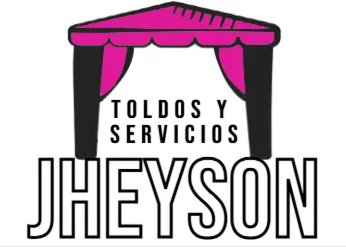 Logotipo de “Toldos y Servicios Jheyson” con un dosel rosa sobre texto en blanco y negro.
