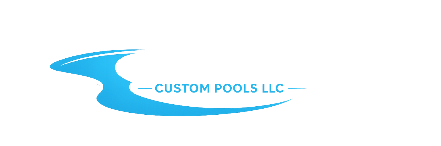 Blue Custom Pools LLC logo with stylized water swoosh on white background