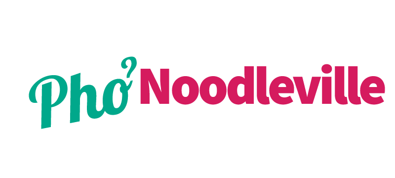 The logo for pho noodleville is green and red on a white background.