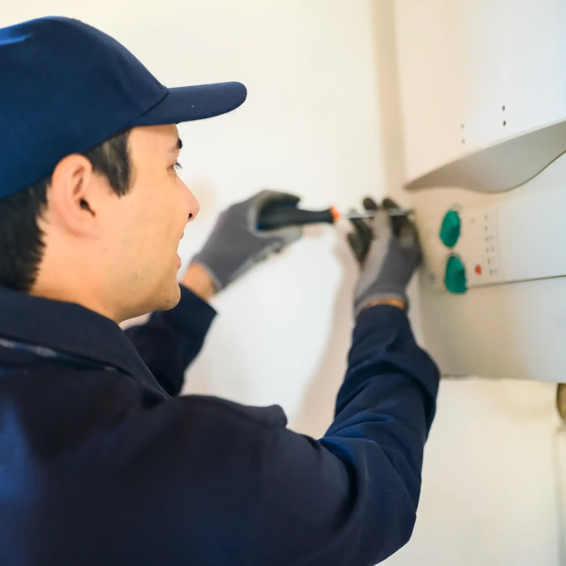 B&B Plumbing Services - A man wearing a hat and gloves is working on a wall with a screwdriver
