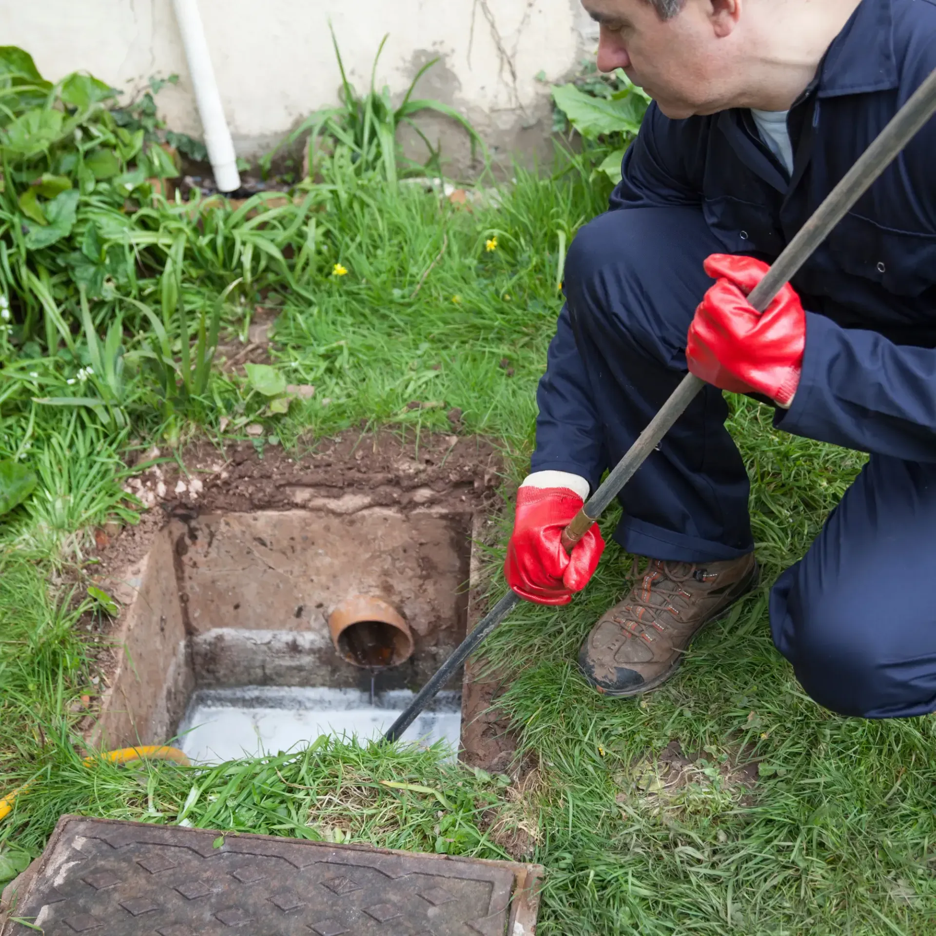 B&B Plumbing Services- A man wearing red gloves is kneeling down to clean a drain.