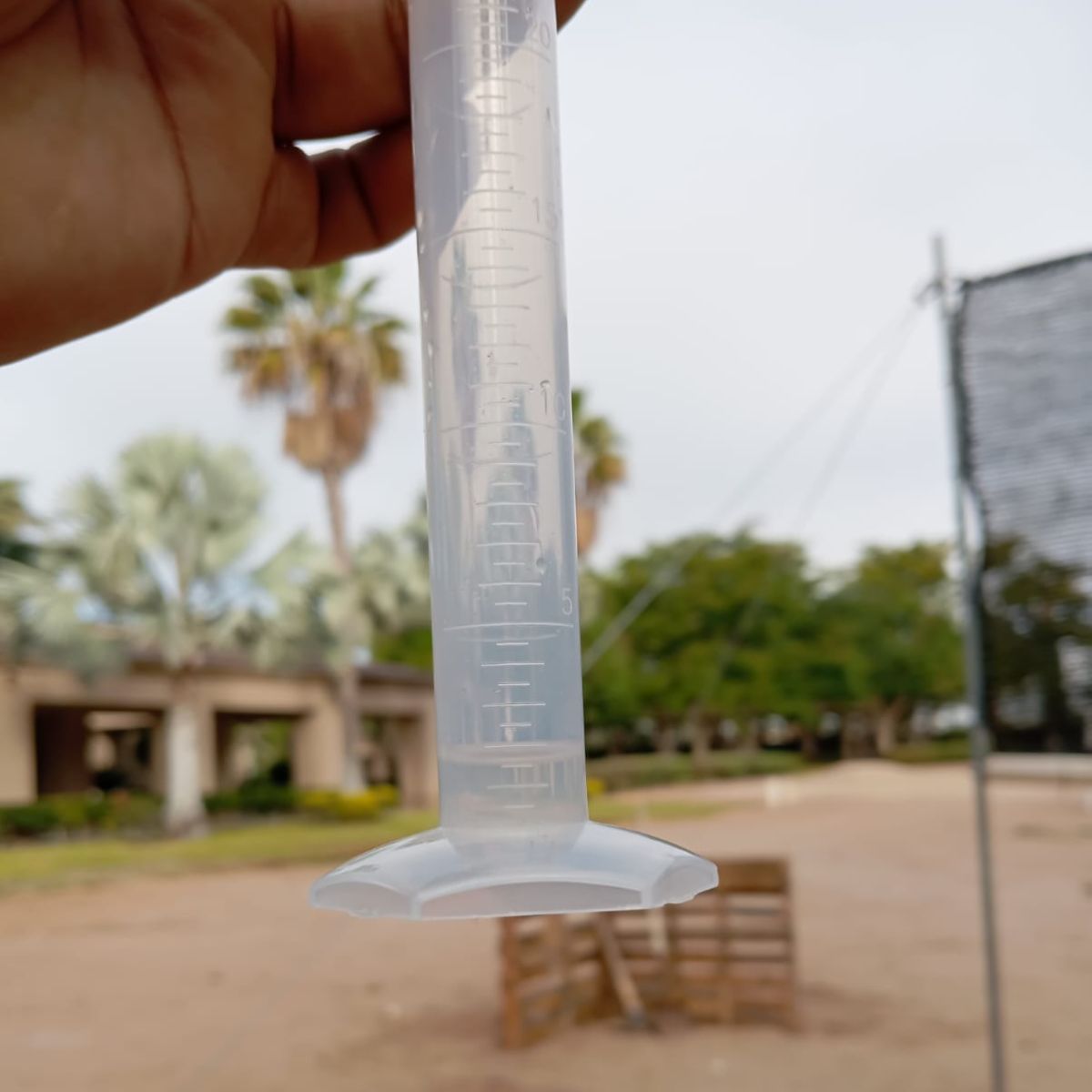 Hand holding a clear measuring cylinder outdoors with a blurred yard and palm trees in the background