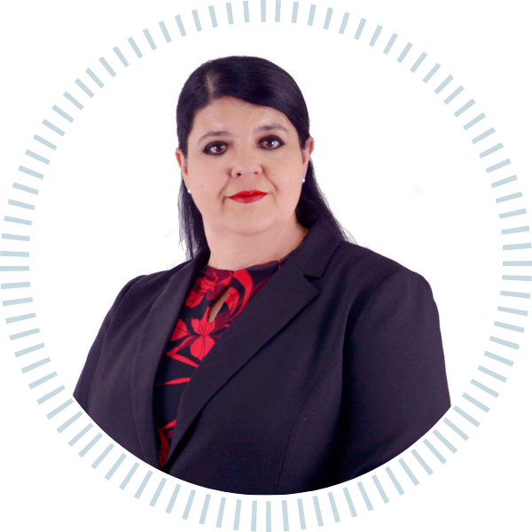 A woman in a suit and red lipstick is in a circle