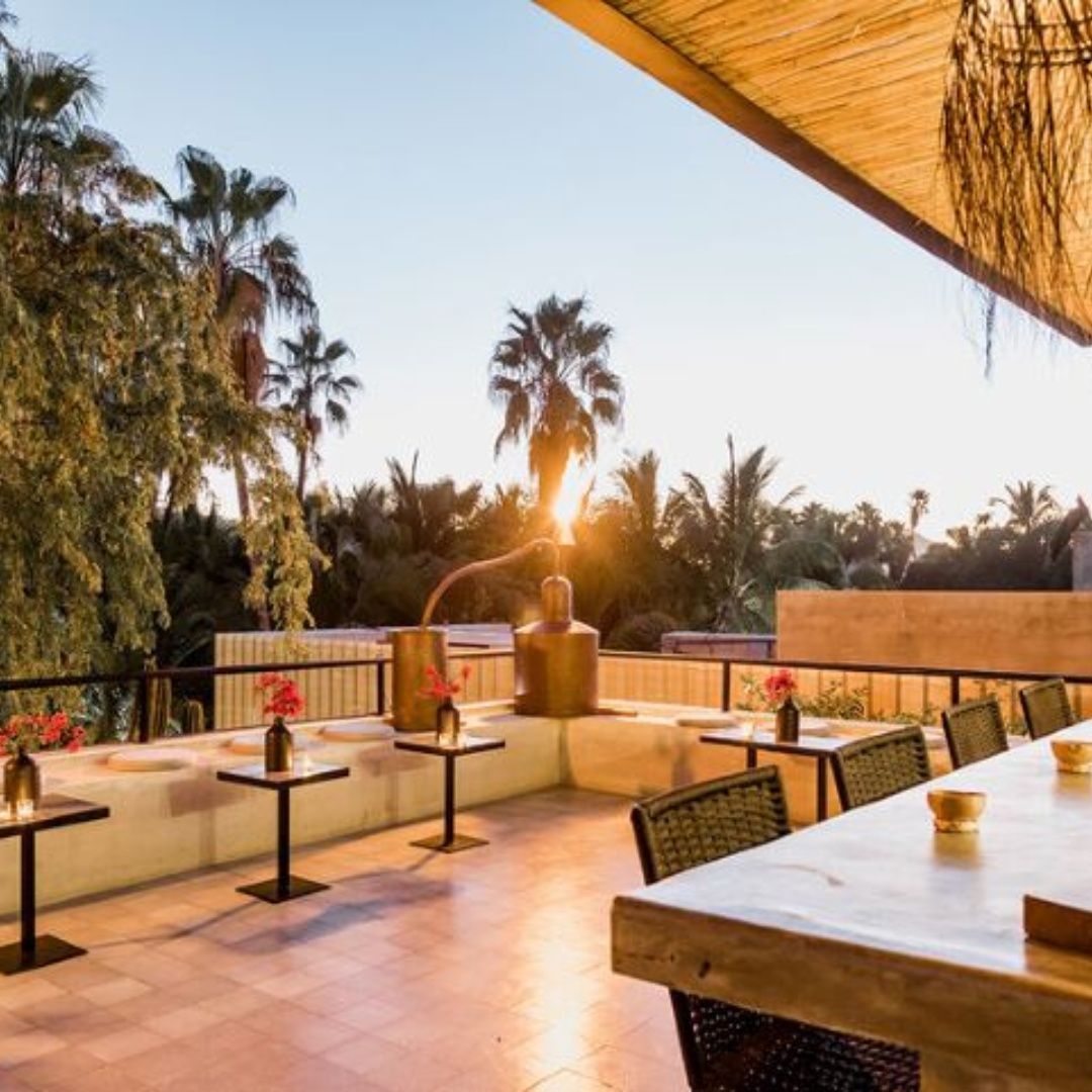 A patio with tables and chairs and the sun shining through the trees