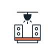 A ceiling light is hanging from the ceiling above two speakers.