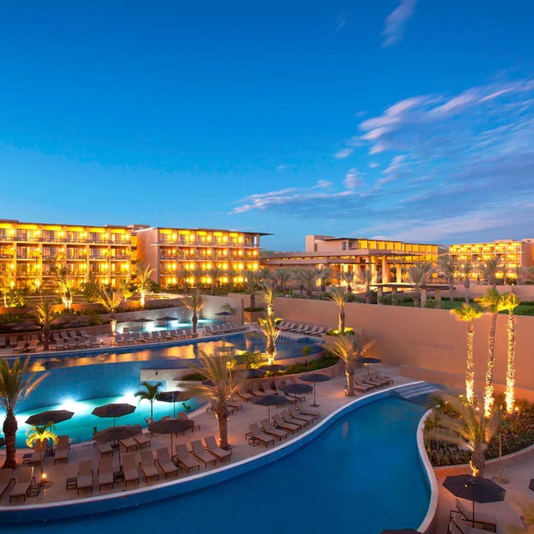 An aerial view of a large swimming pool surrounded by palm trees and chairs.